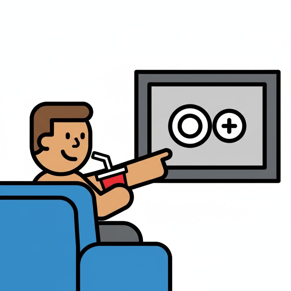 En person sitter i en blå soffa, dricker ur en röd kopp med sugrör och pekar på en TV-skärm.