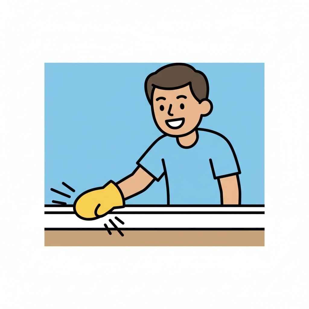 A person wearing gloves wipes a baseboard.