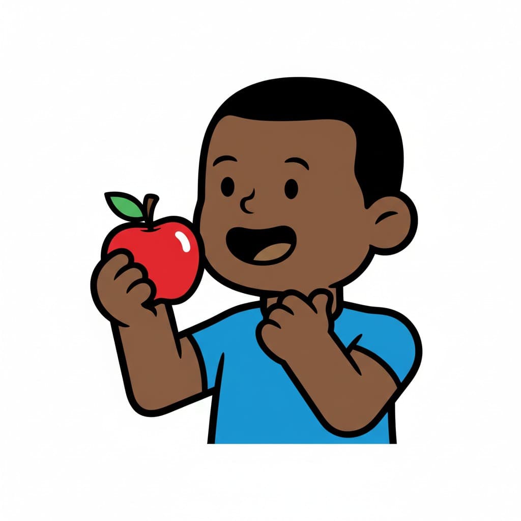 A cartoon boy happily eating a red apple.