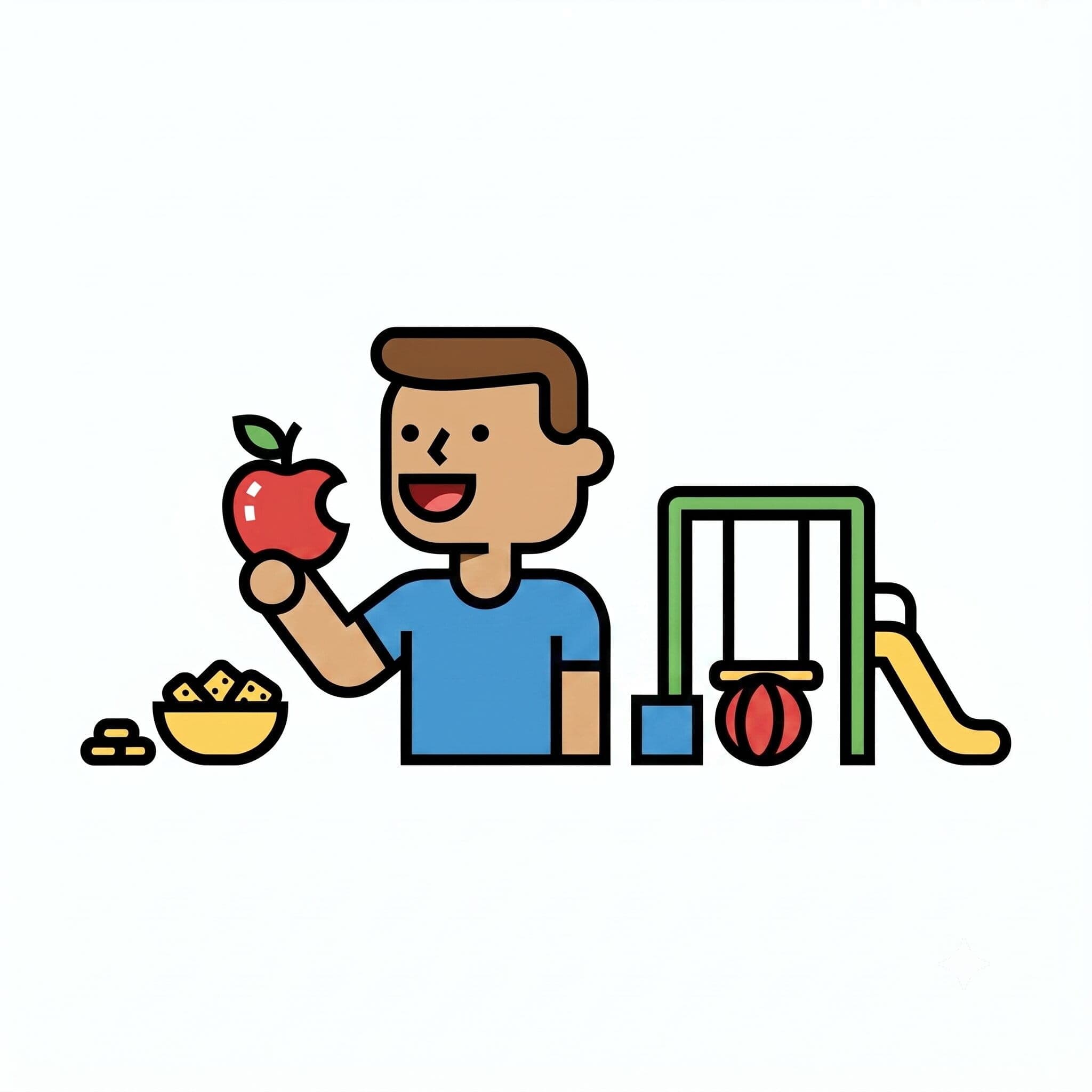 Ett glatt barn äter ett äpple bredvid en skål med frukt och en lekställning