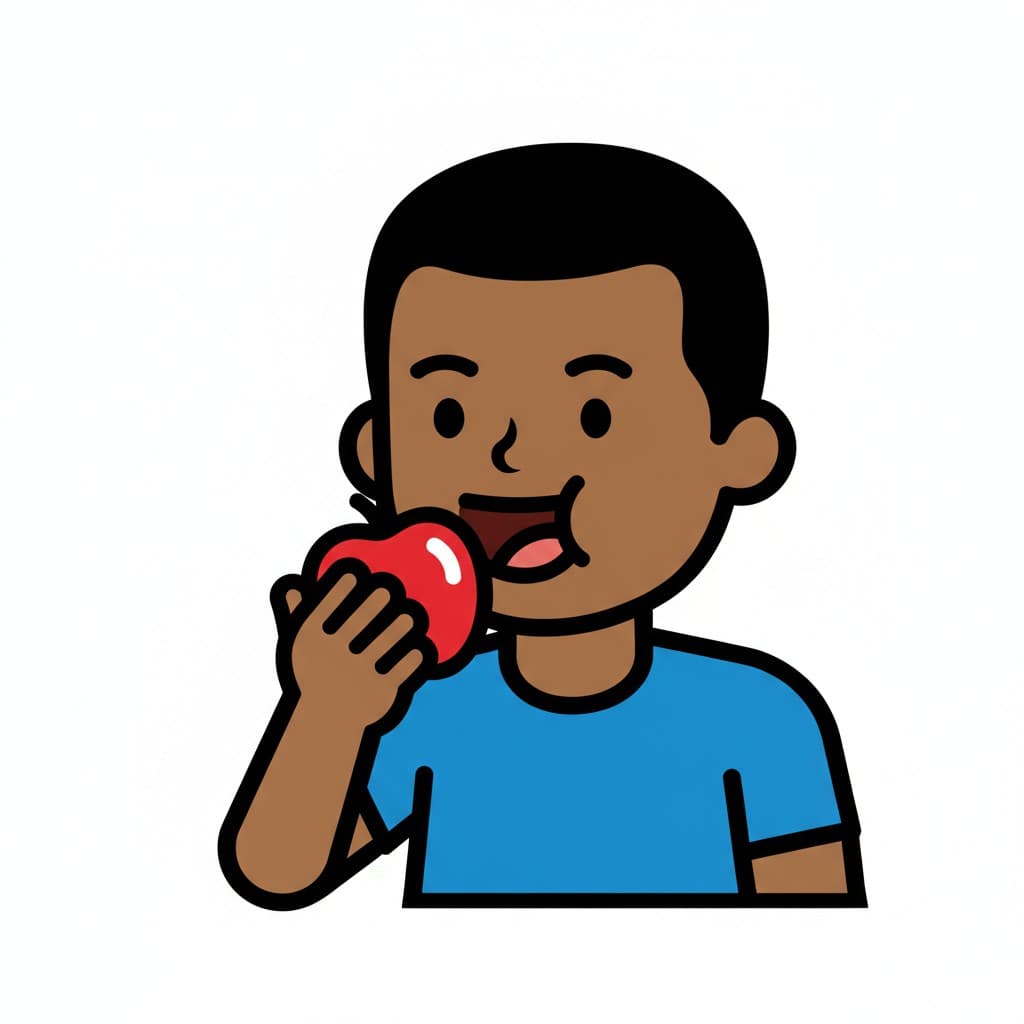 En person med öppen mun som tar en tugga av ett rött äpple.