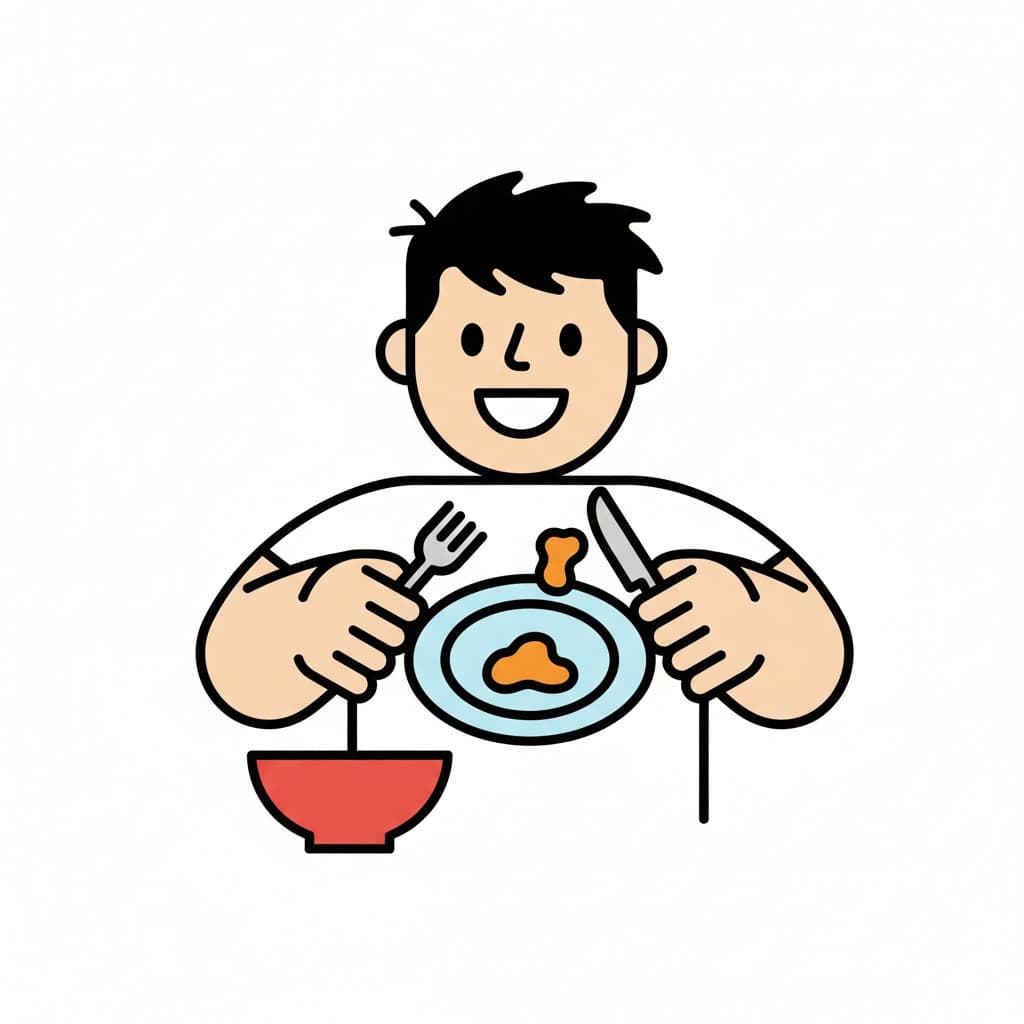 A boy sits at the table holding a fork and a knife in front of a plate of food.