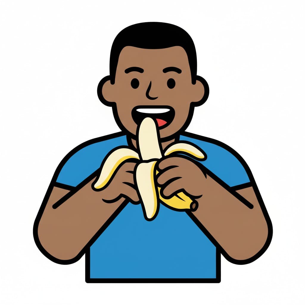 Gutten holder den skrelte bananen med begge hender og åpner munnen for å spise.