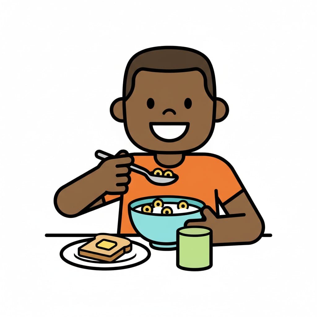 Ett leende barn äter frukost. De håller en sked med flingor, med en skiva rostat bröd och ett glas juice på bordet.