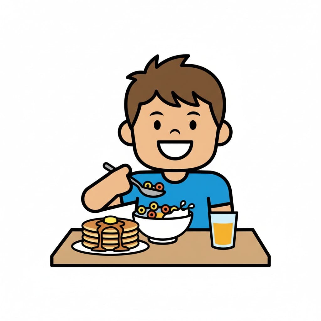 Ett leende barn äter frukost. De håller en sked med flingor, med en hög pannkakor och ett glas apelsinjuice på bordet.