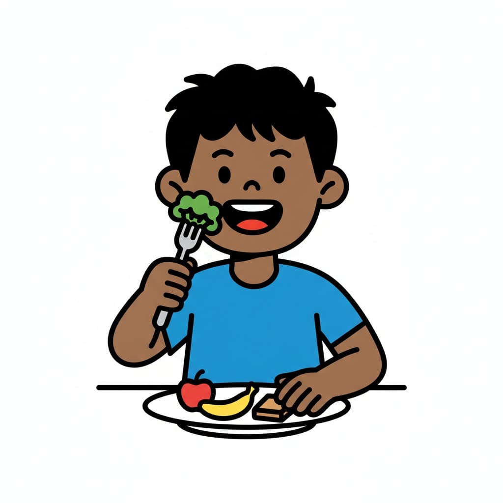 En dreng spiser broccoli fra sin tallerken.