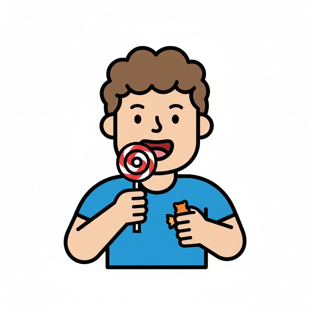 En pojke äter en klubba och håller en godisbit.