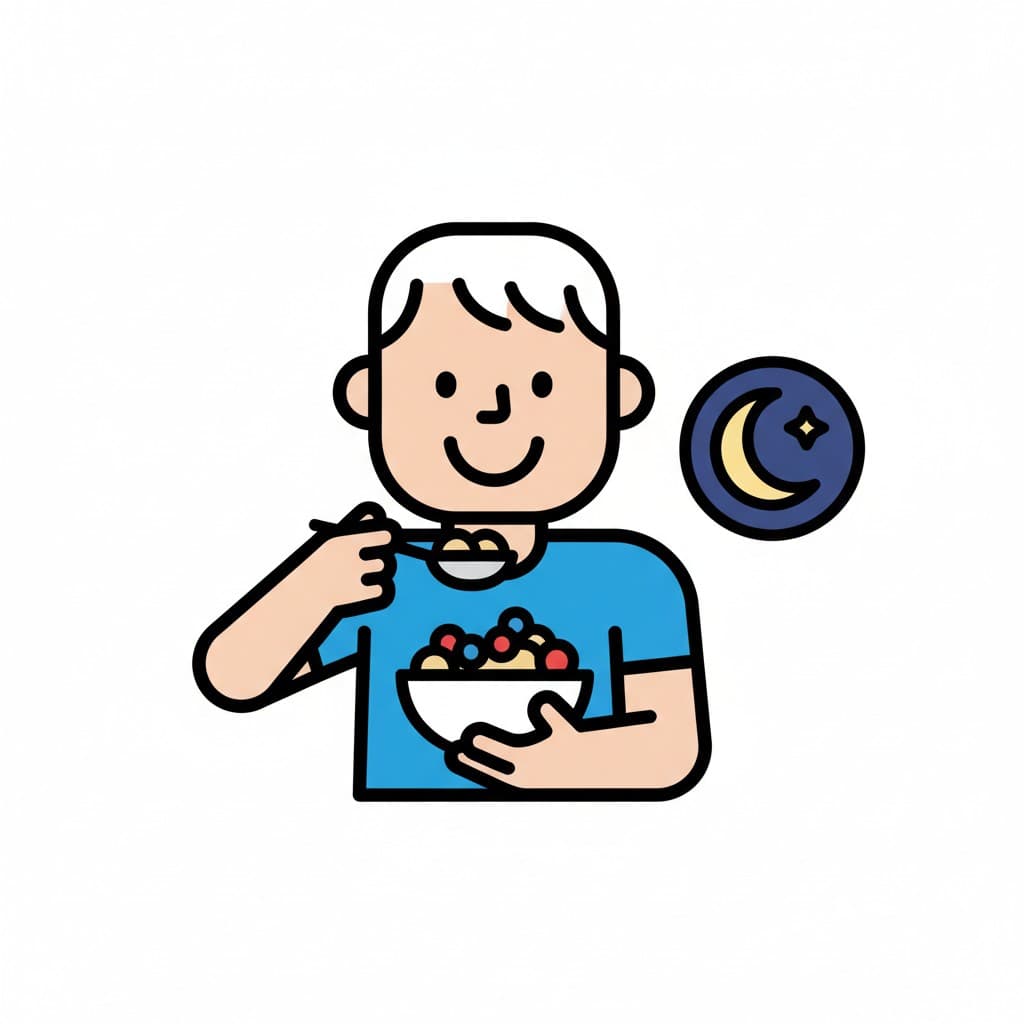 Illustration of a boy eating cereal from a bowl with a spoon. A moon and star icon is next to him, indicating evening.
