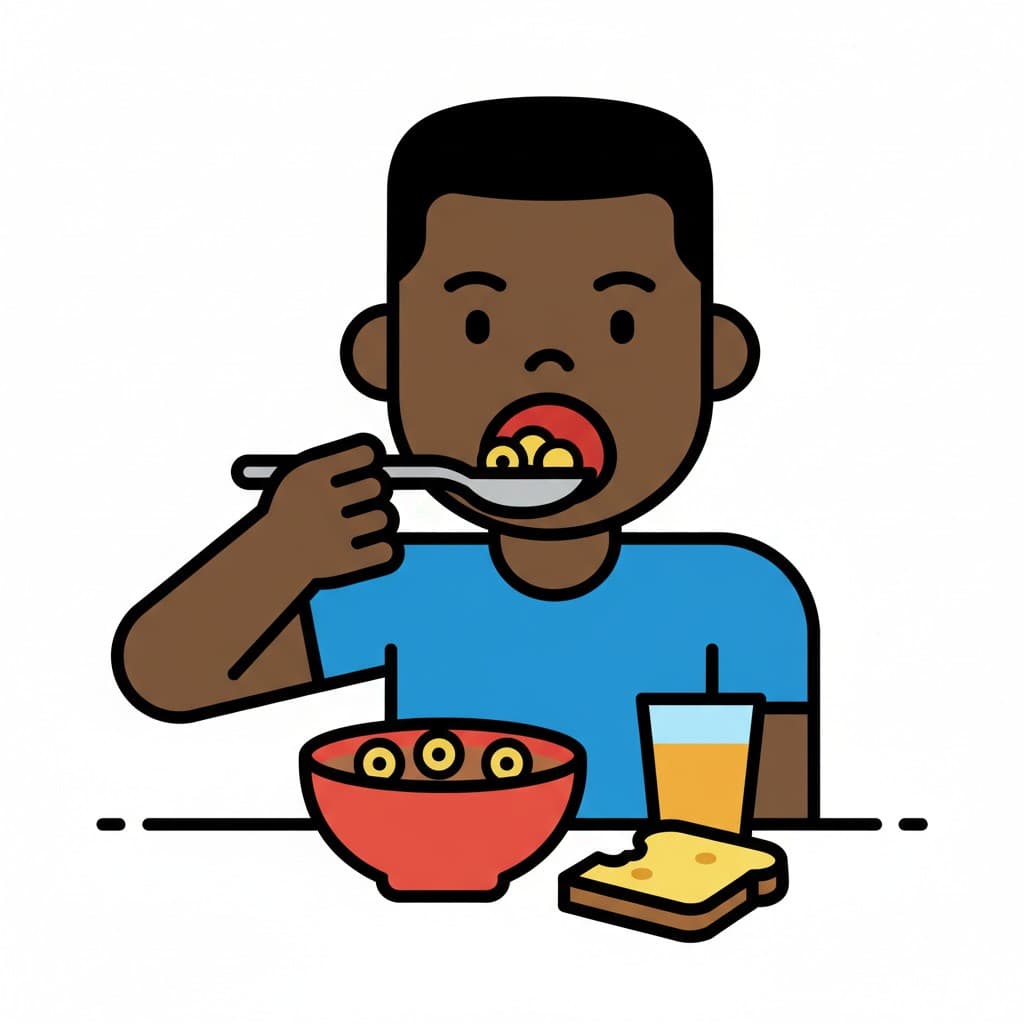 En kille äter flingor med sked, med en brödbit och ett glas juice på bordet.