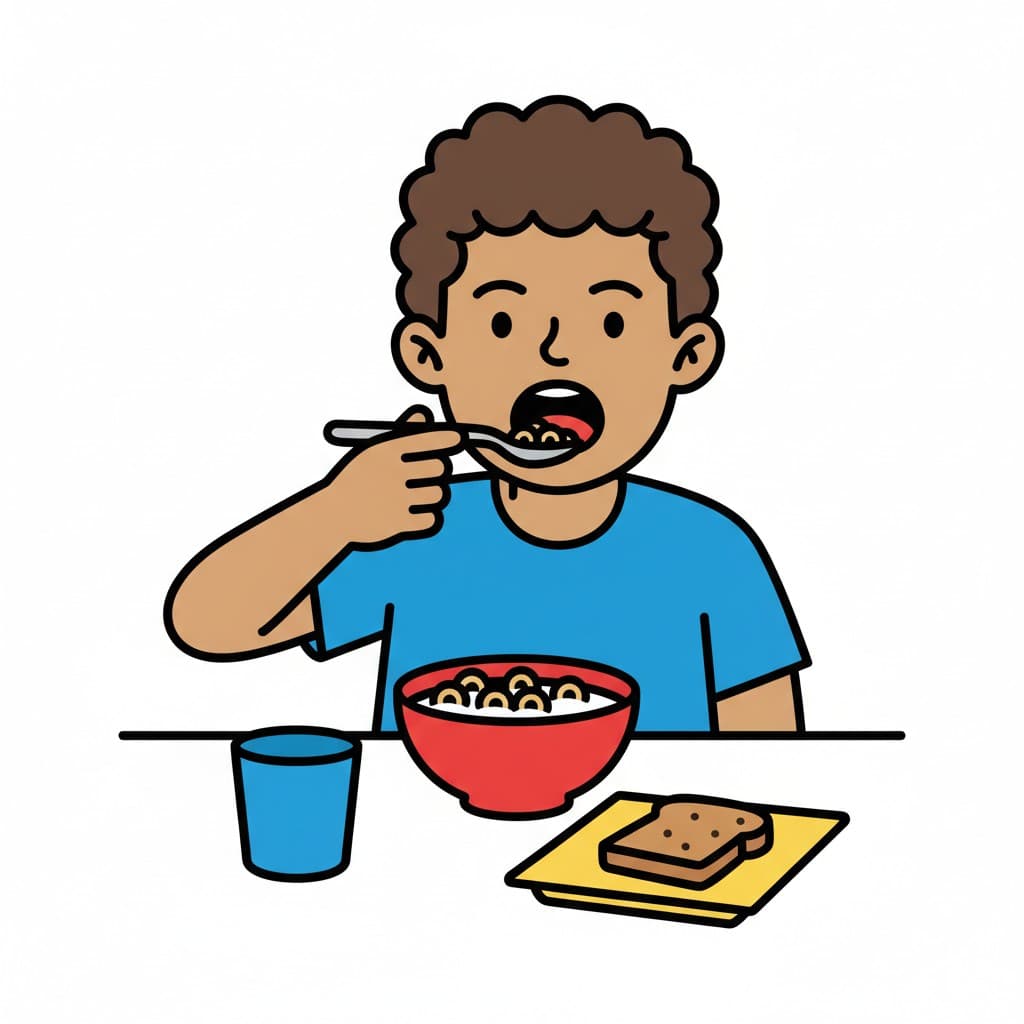 En kille äter flingor med sked, med en rostad macka på en servett och ett glas.