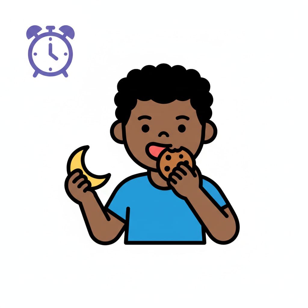Illustration of a boy eating a cookie and holding a banana. An alarm clock is in the top left corner, suggesting a specific time.