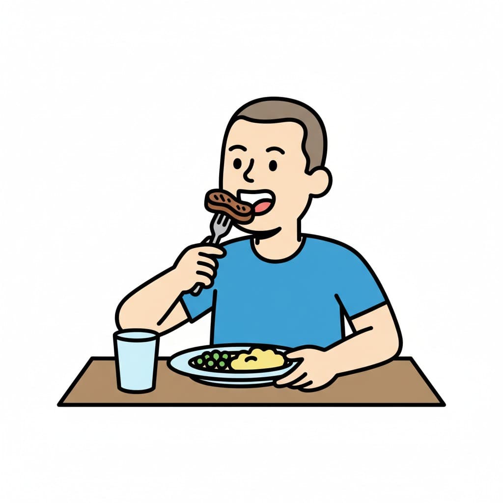 En person sitter vid ett bord och äter middag med gaffel.