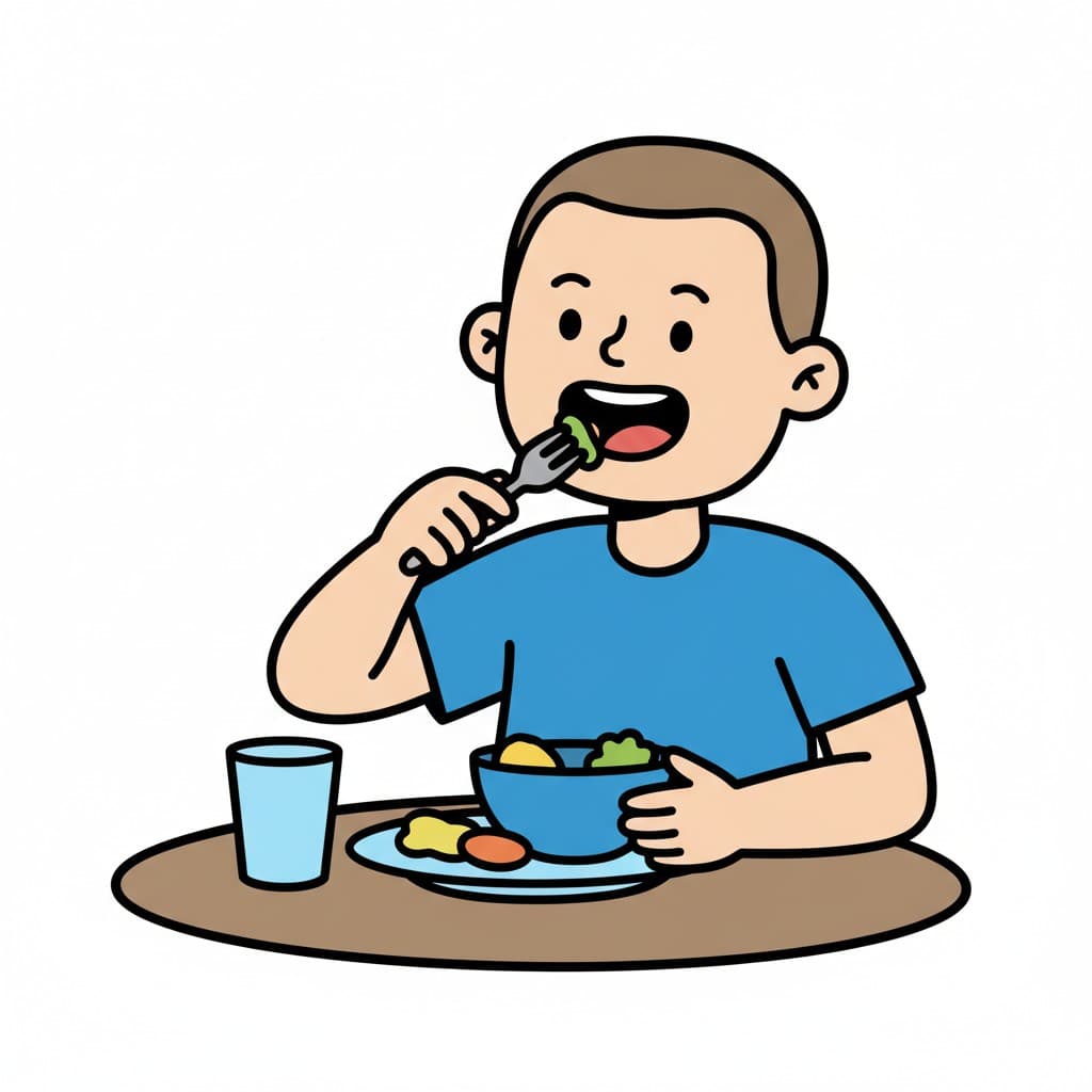 A boy eating dinner with a fork, a plate with food, a bowl, and a glass on the table.