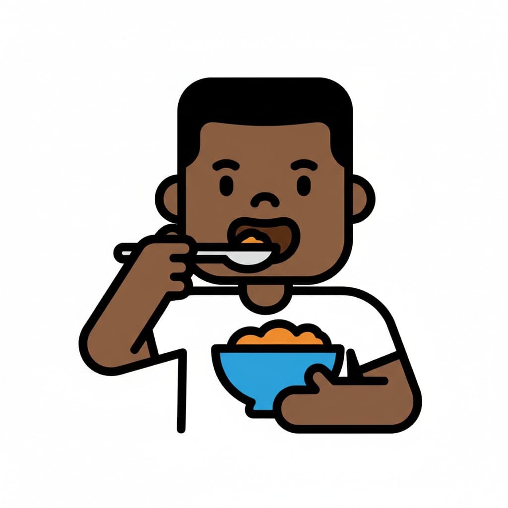 A cartoon boy eating from a blue bowl with a spoon.