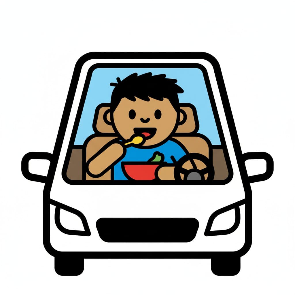 A person sits in a car, eating from a red bowl with a yellow spoon.