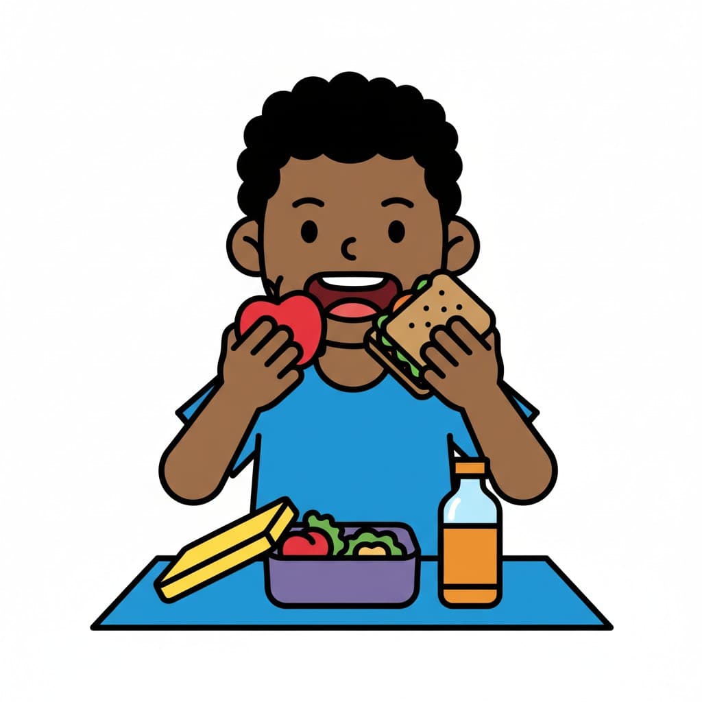 En person sitter vid ett bord och äter lunch, med en smörgås i ena handen och ett äpple i den andra. På bordet finns en lunchlåda, en banan och en juiceflaska.