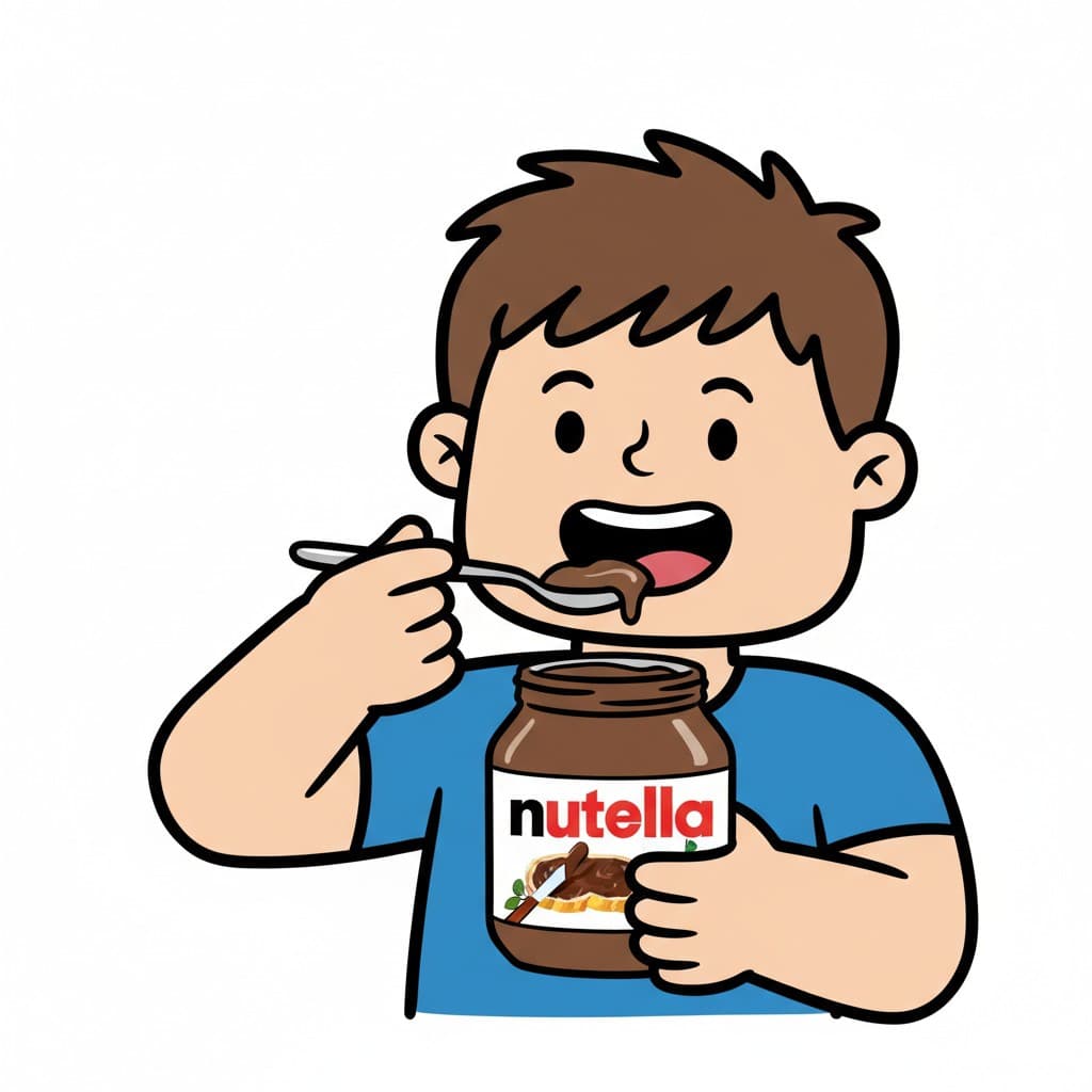 A happy boy eating Nutella directly from the jar with a spoon.
