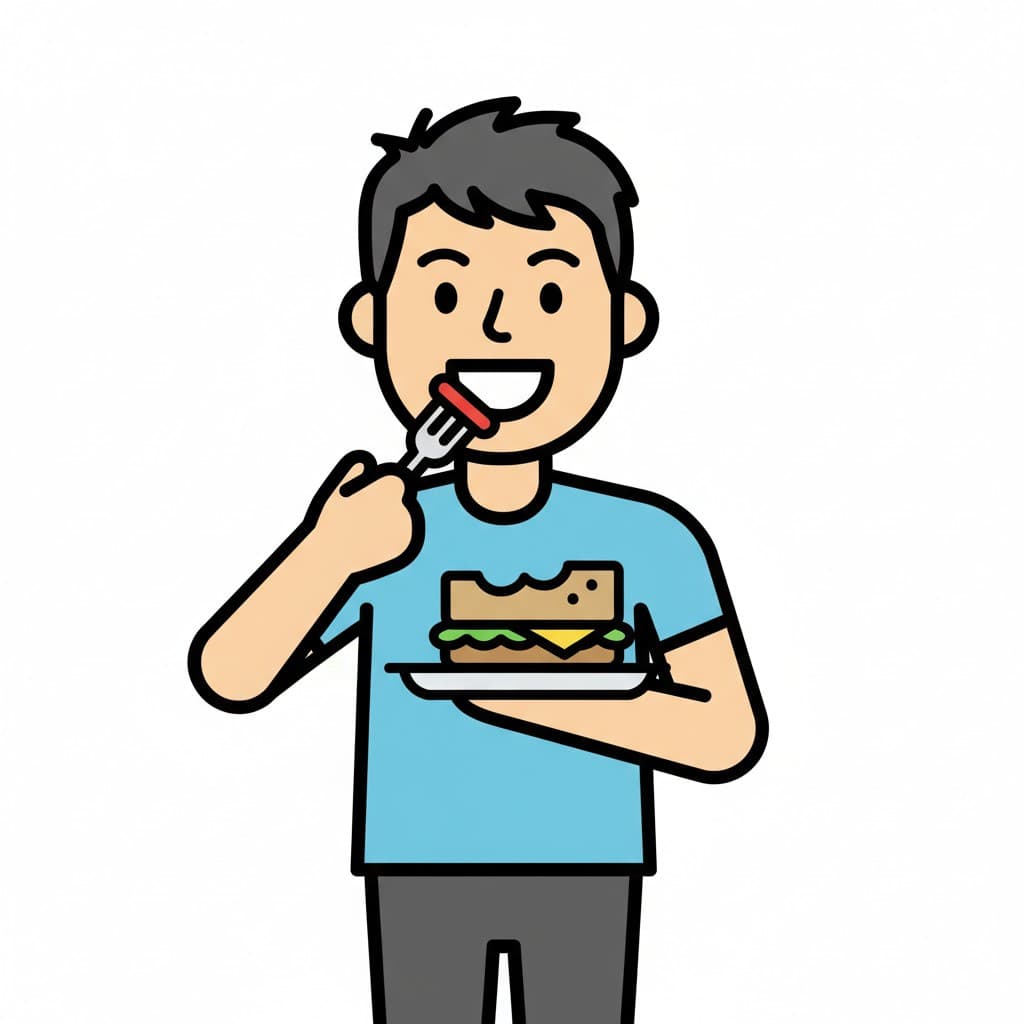 En leende person i en blå tröja äter en smörgås med en gaffel.