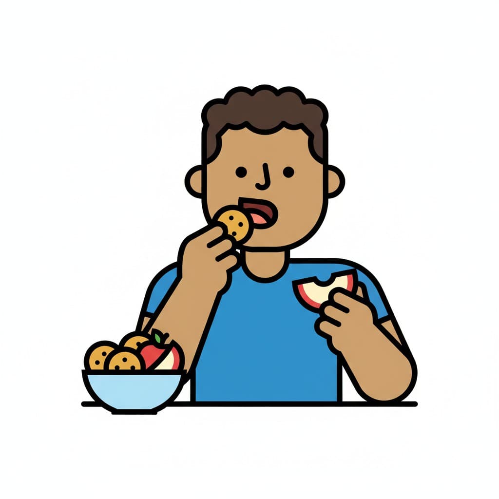 En kille äter en kaka från en skål och håller en äppelbit i den andra handen.