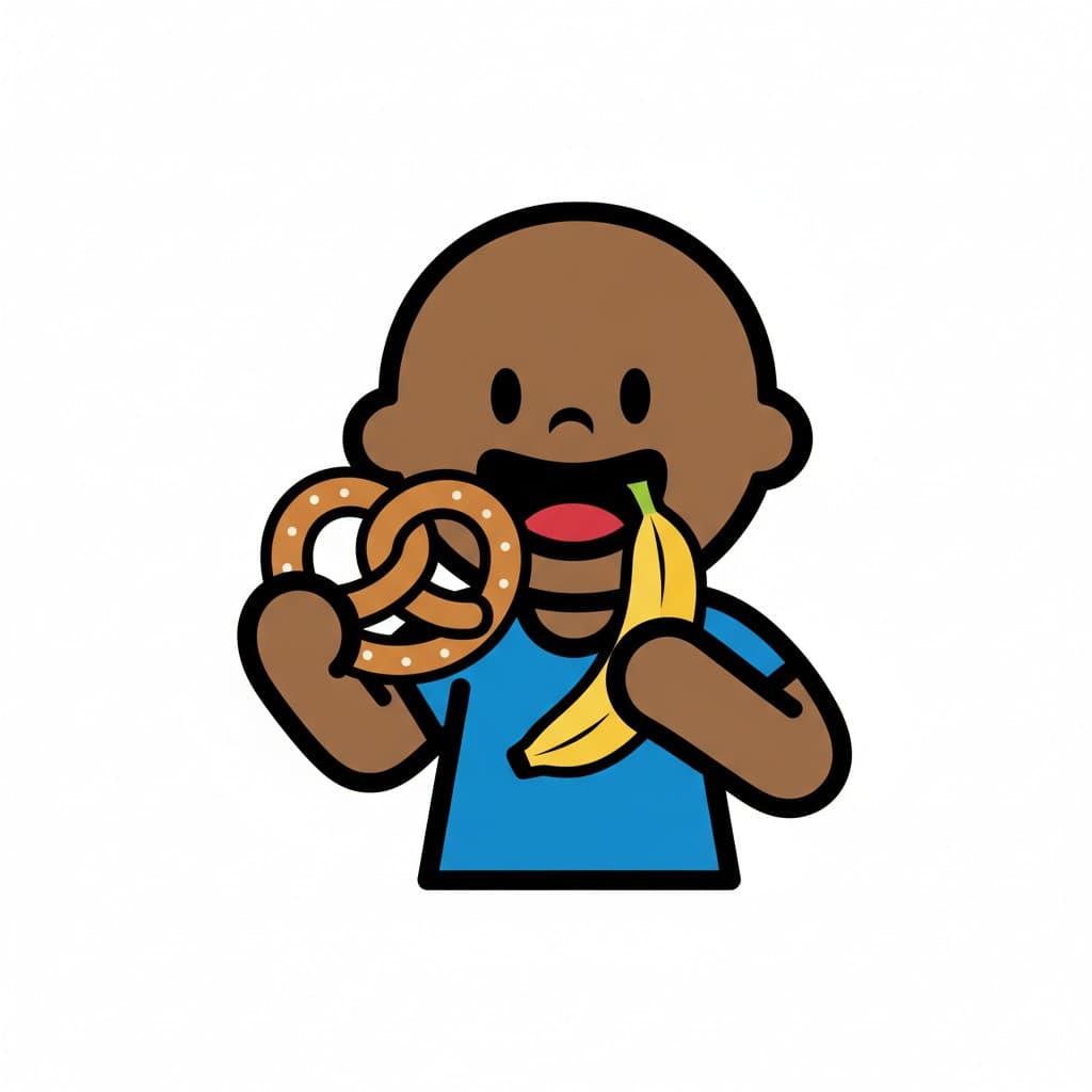 En pojke håller en pretzel och en banan, redo att äta.