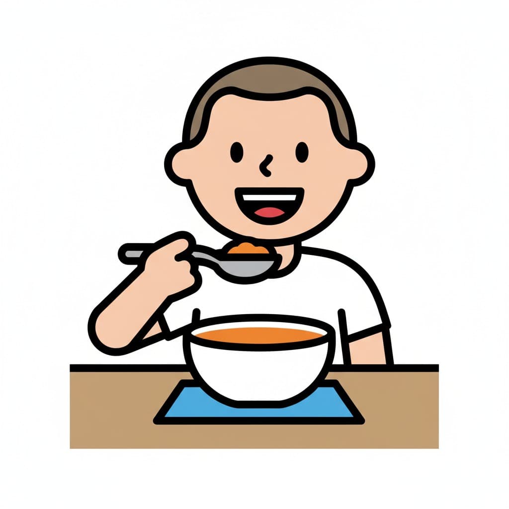 En tecknad bild av en pojke som sitter vid ett bord och äter kvällsmat från en skål med en sked.