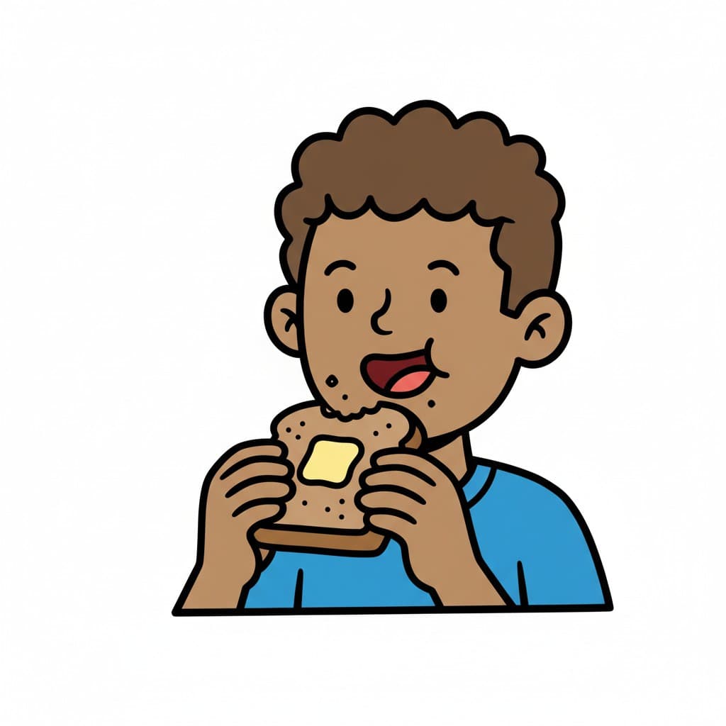 En person med smulor runt munnen som äter en smörgås med smör på.