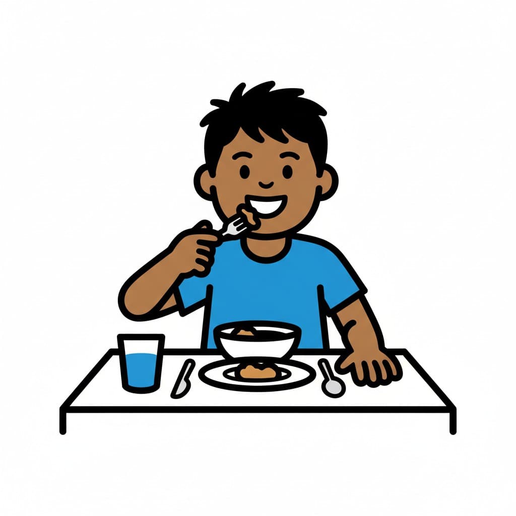 A boy sits at a table, eating dinner with a fork from a bowl and plate, with a glass of water nearby.
