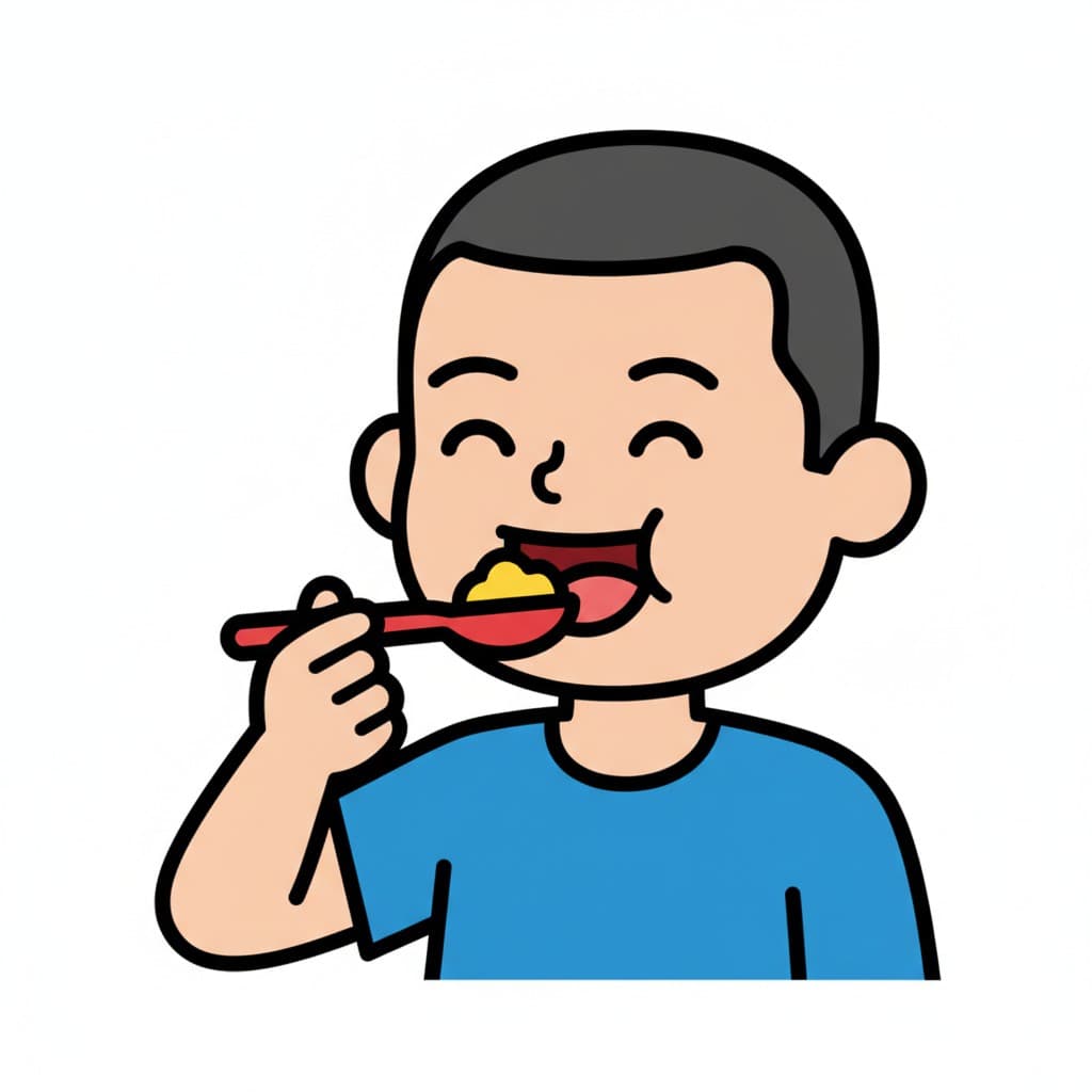En illustration av ett barn med slutna ögon och ett glatt ansiktsuttryck, som smakar mat från en röd sked.