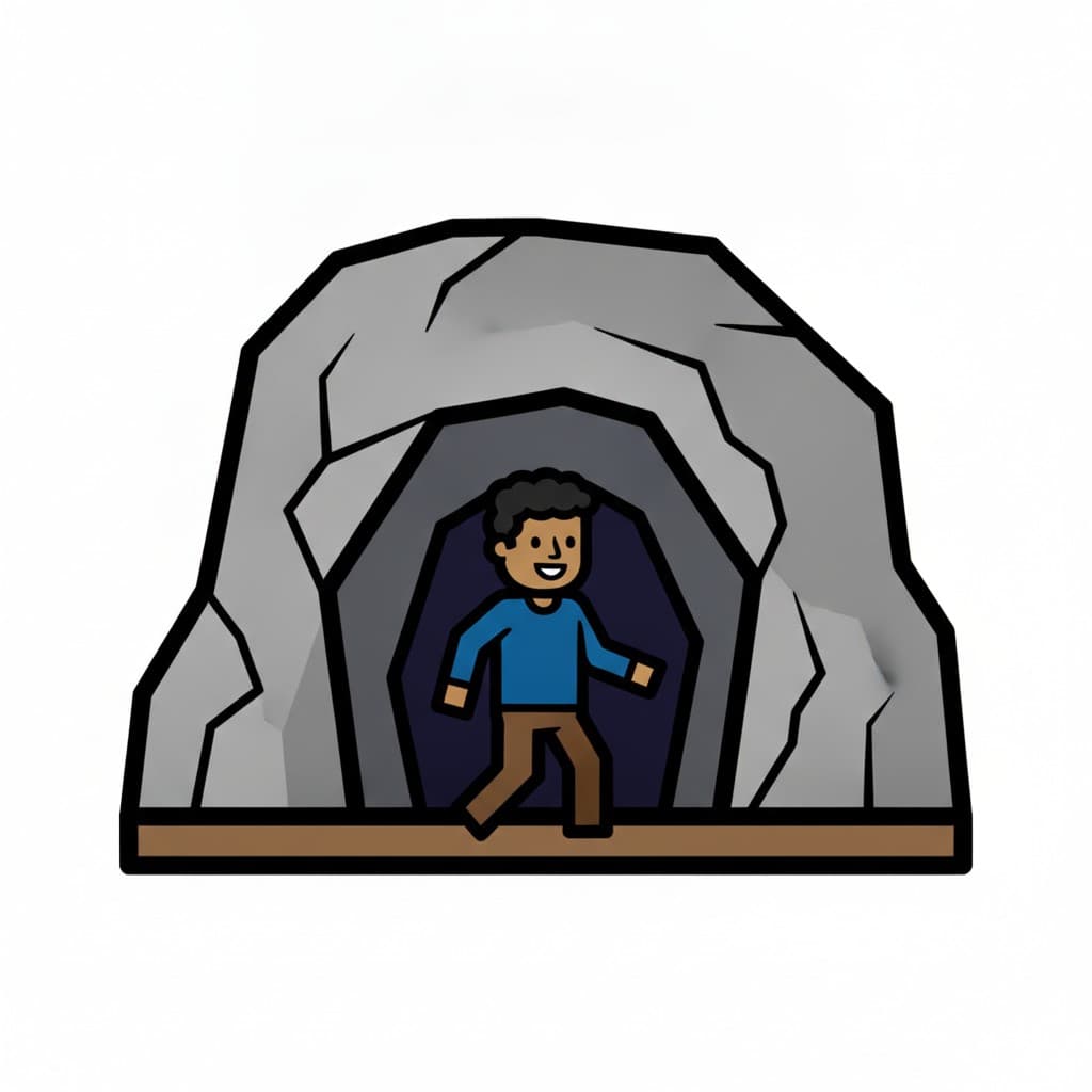 A boy walks into a large rocky cave.