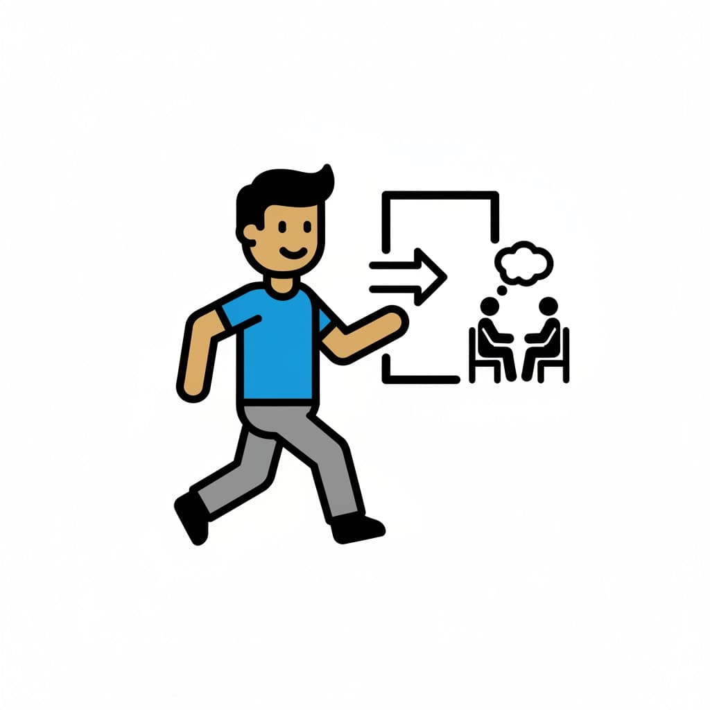 En gutt går mot en pil som peker inn i en skissert boks som viser to figurer som sitter og snakker, med en tankeboble over dem.