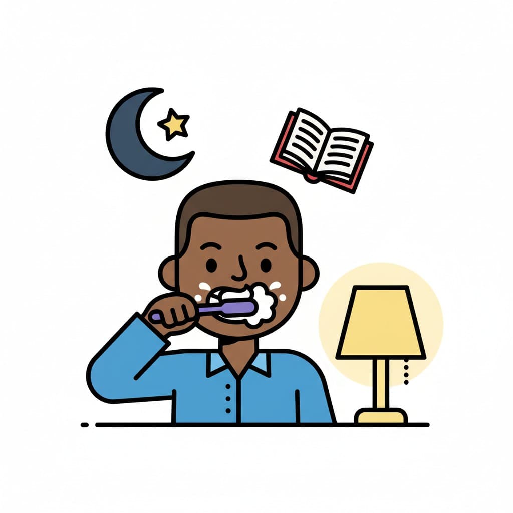 An illustration of a boy brushing his teeth with toothpaste foam. Above him are a crescent moon with a star and an open book. To his right is a lit bedside lamp, depicting an evening routine.
