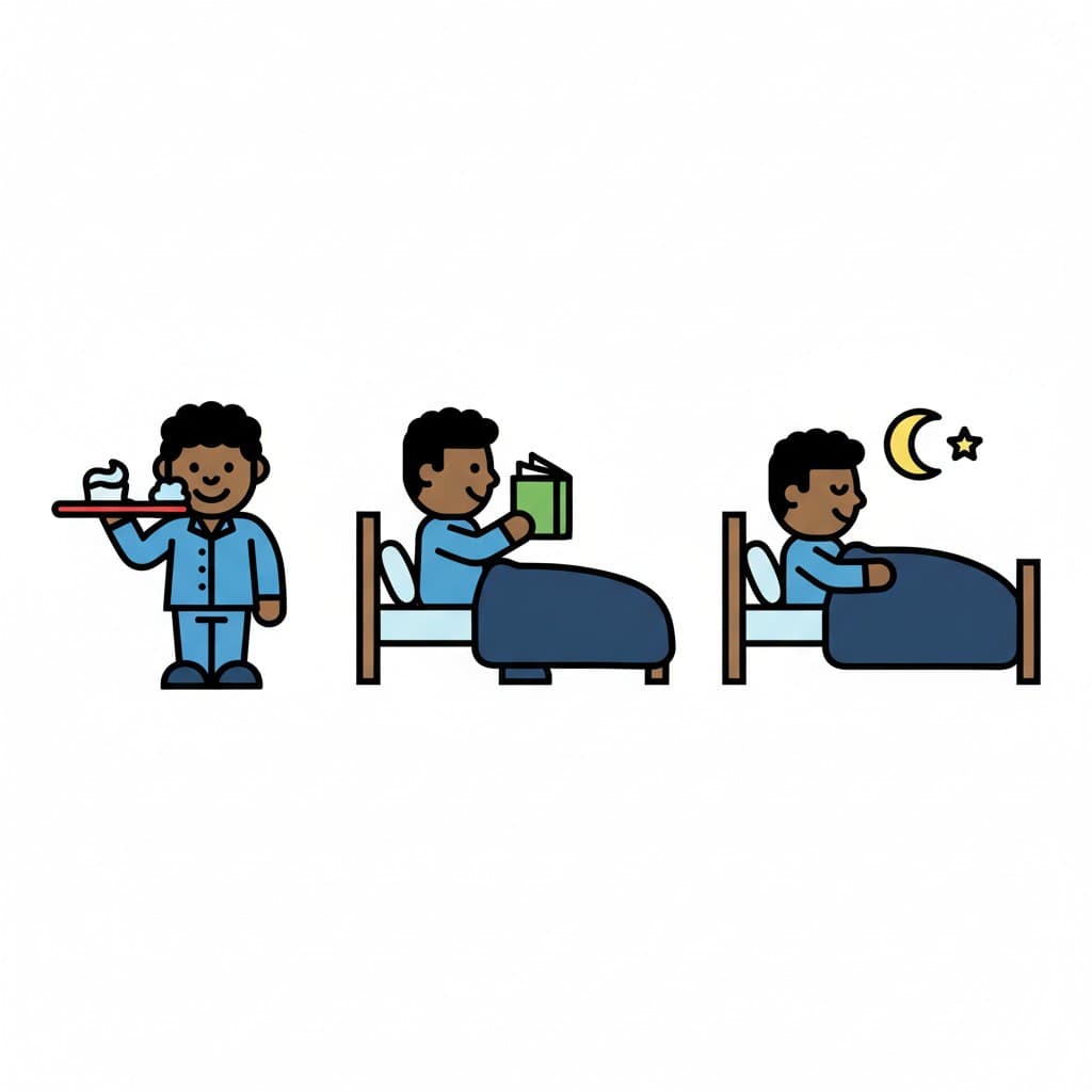 A multi-panel image showing a boy's evening routine: brushing teeth, reading a book in bed, and then sleeping in bed with a moon and star above.