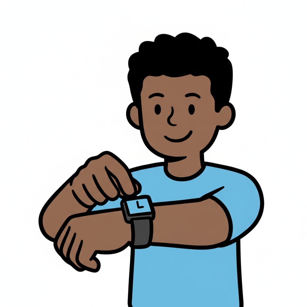 A boy in a blue t-shirt fastens a smartwatch with a dark strap around his wrist.