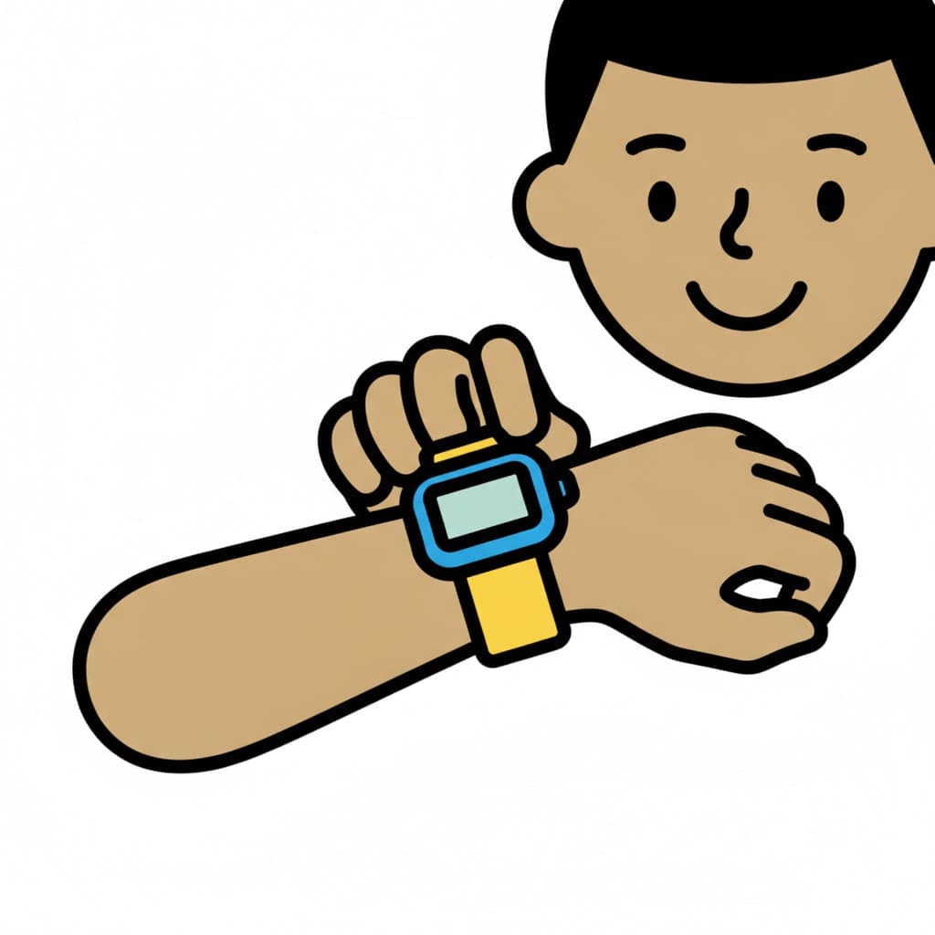 A boy straps a watch with a yellow band around his wrist.