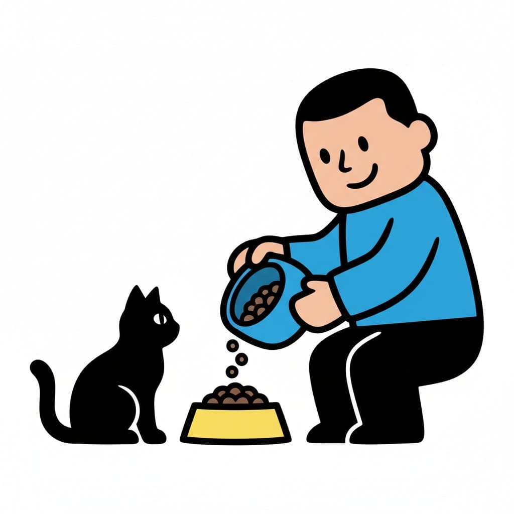A person pours food from a blue container into a yellow bowl for a black cat.