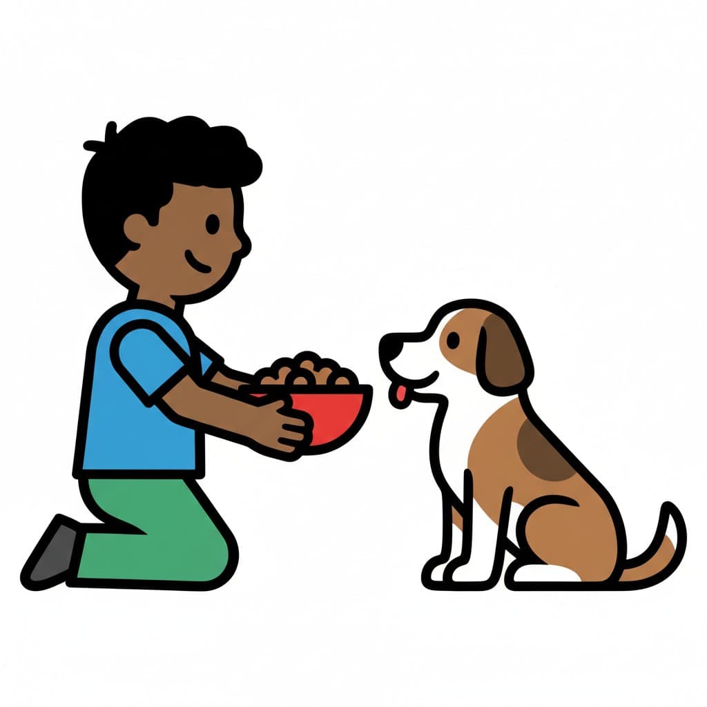 En gutt kneler og holder en rød skål med hundemat frem til en sittende hund.