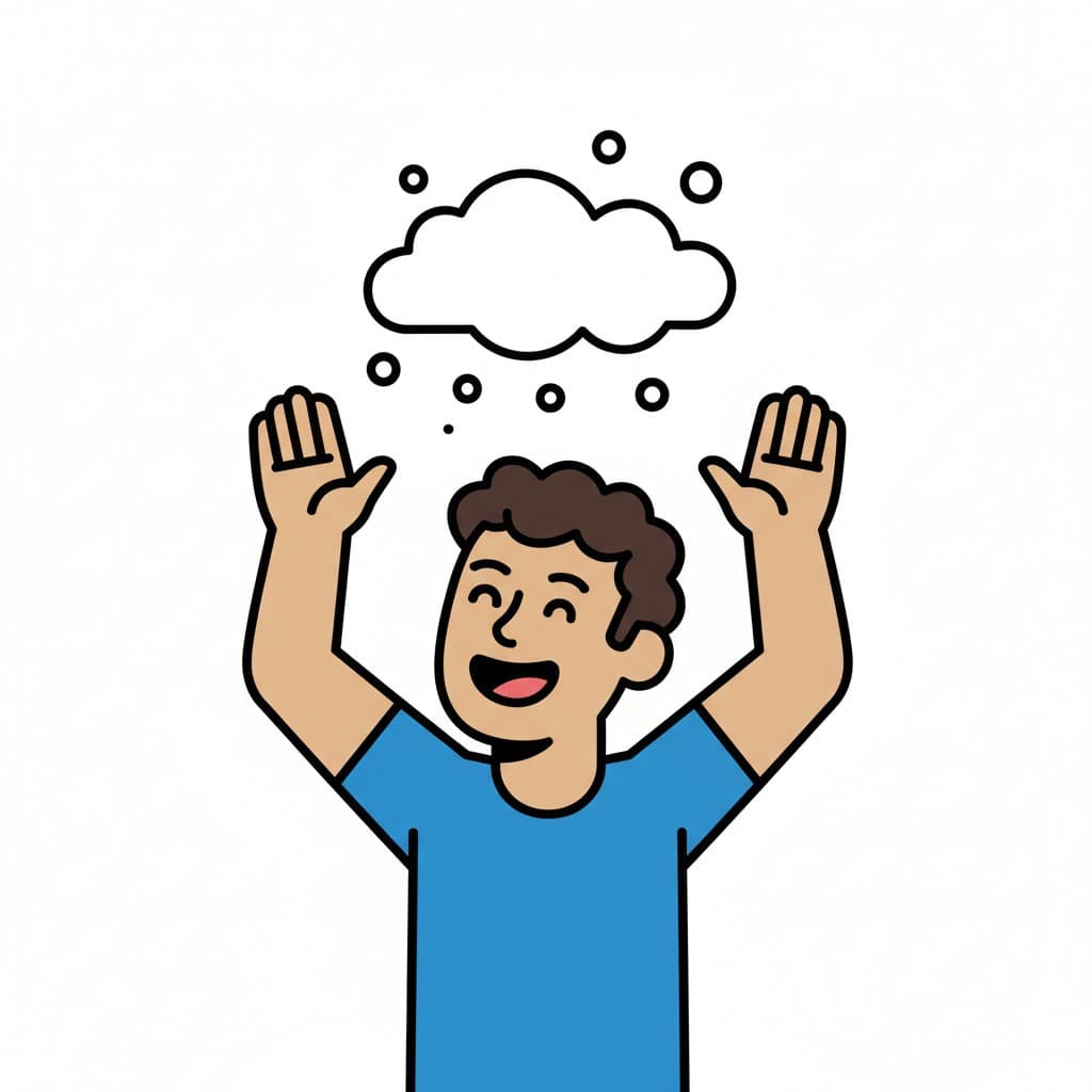 A happy person with hands up and a cloud symbolizing stress or heavy thoughts disappearing.