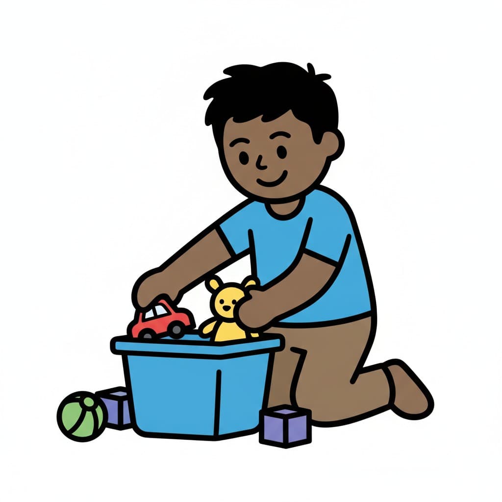En dreng i blå t-shirt lægger en rød bil og en gul bamse ned i en blå plastkasse, og ved siden ligger en bold og to klodser.