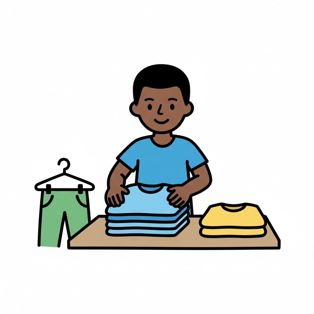 En person viker en blå tröja och lägger den på en hög med vikta tröjor. Bredvid finns en hög med gula vikta tröjor och ett par gröna byxor på en galge.