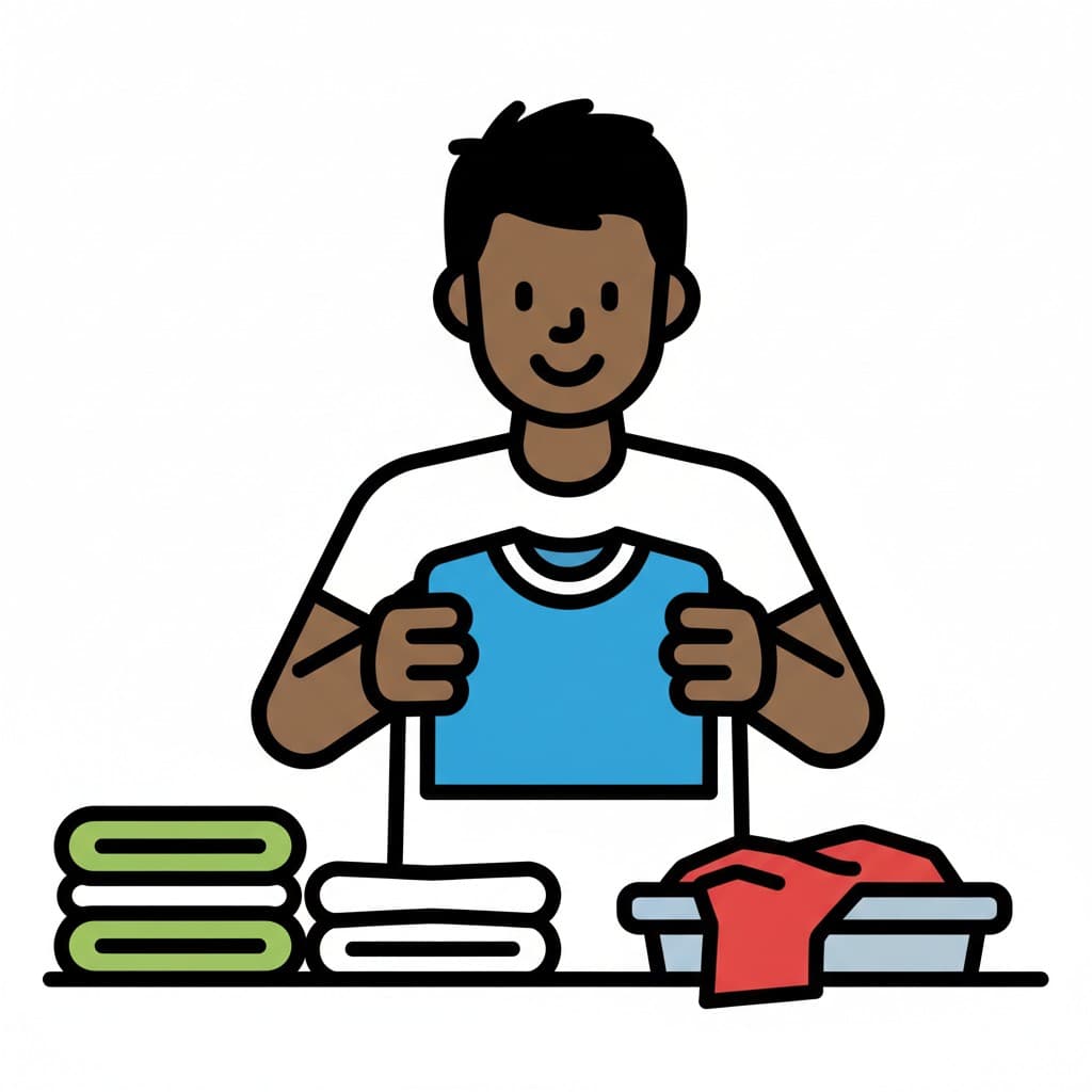 A person is folding a blue t-shirt, with stacks of folded laundry next to them and a basket of unfolded clothes.