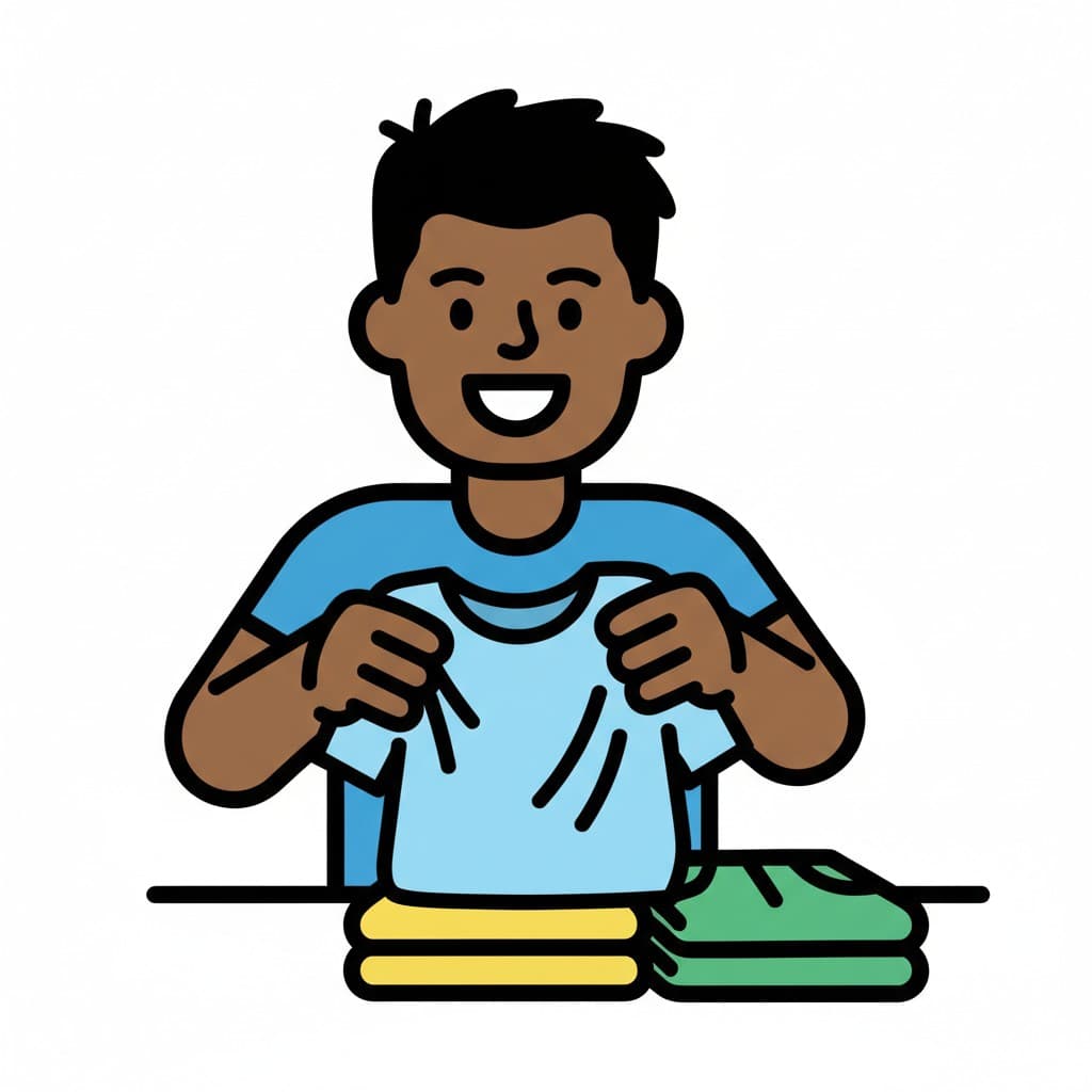 Poika taittaa vaatteita, ja taitettuja vaatteita on pinottu hänen viereensä.