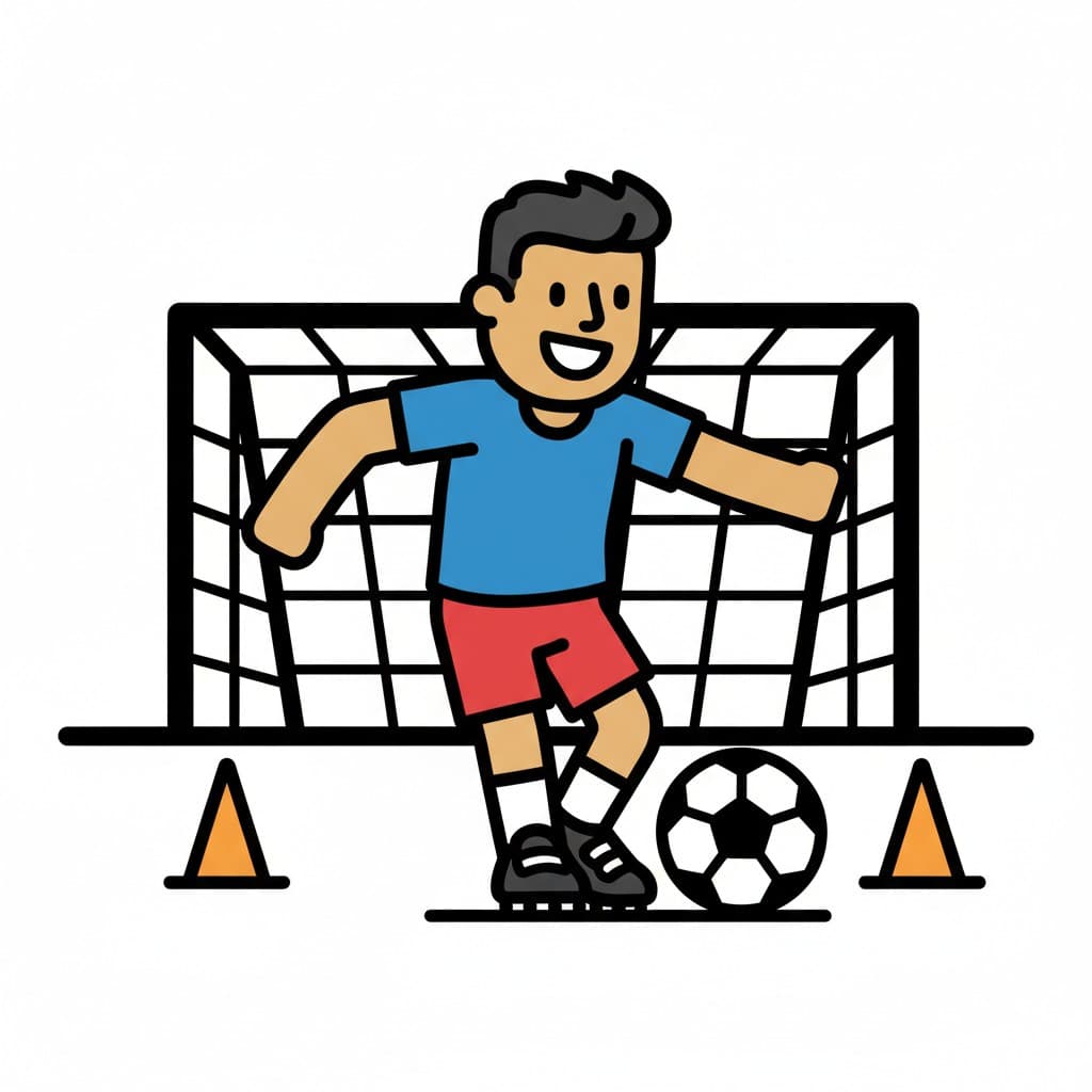 A boy kicking a football in front of a goal with two orange cones.