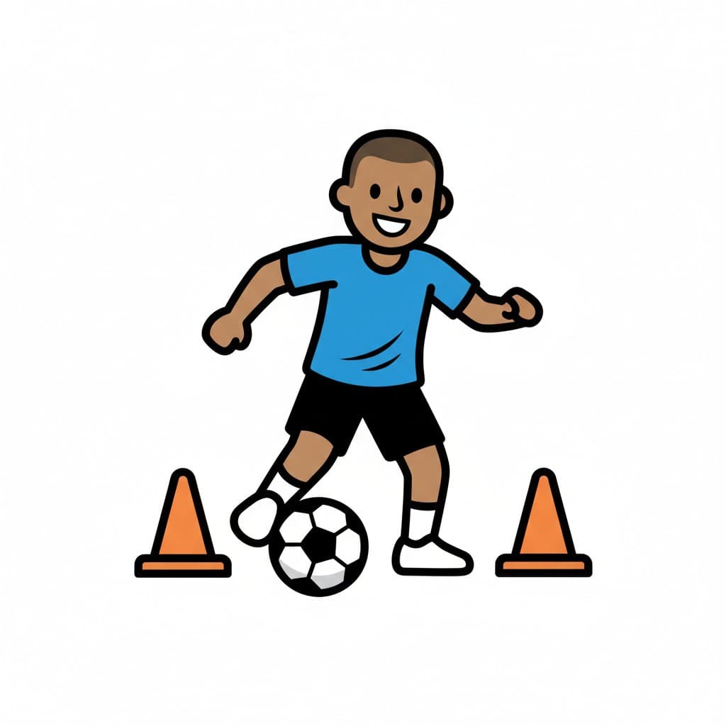 En gutt i blå t-skjorte og svarte shorts dribler en fotball mellom to oransje kjegler.