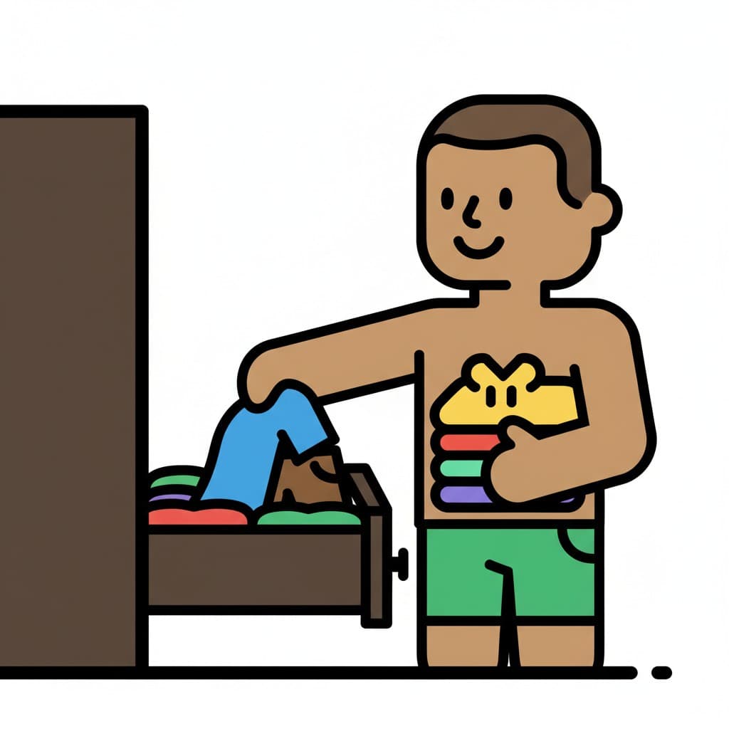 An illustration of a boy wearing green shorts, standing next to an open drawer, taking clothes out of it with one hand and holding a stack of colorful folded clothes in the other arm.