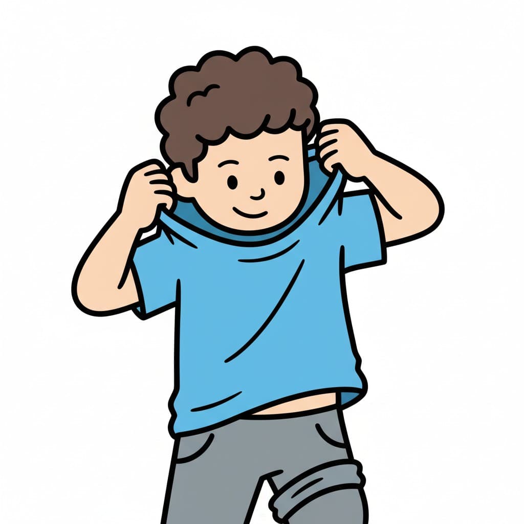 Poika vetää sinistä t-paitaa päänsä yli.