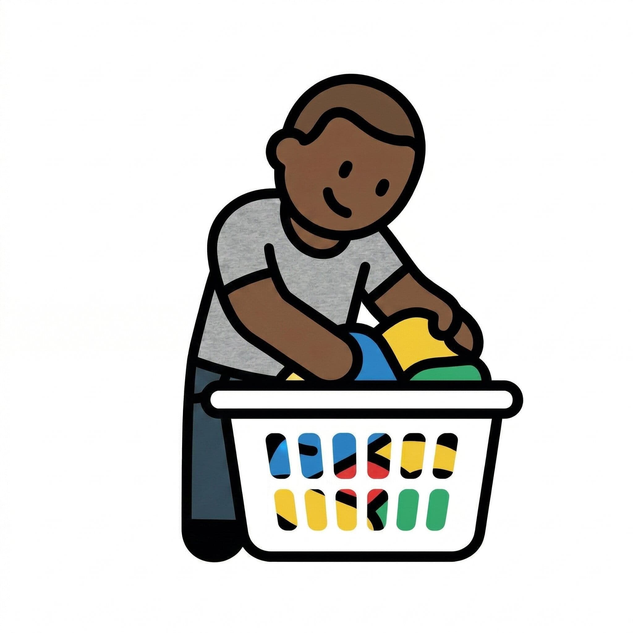 En dreng der rækker ned i en vasketøjskurv fyldt med farverigt tøj.