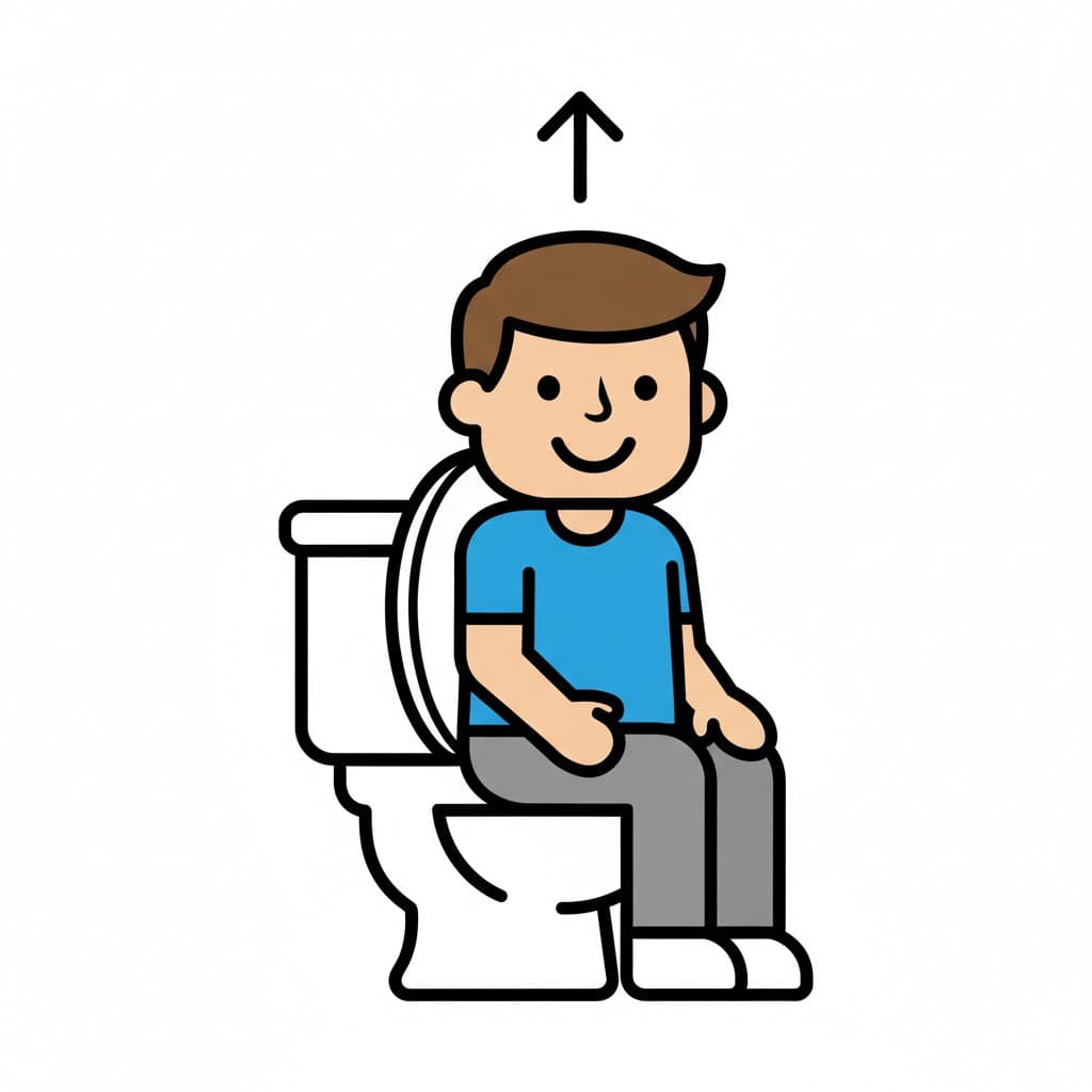 En person sitter på toaletten med en pil som pekar uppåt, vilket indikerar att hen ska resa sig eller är klar.