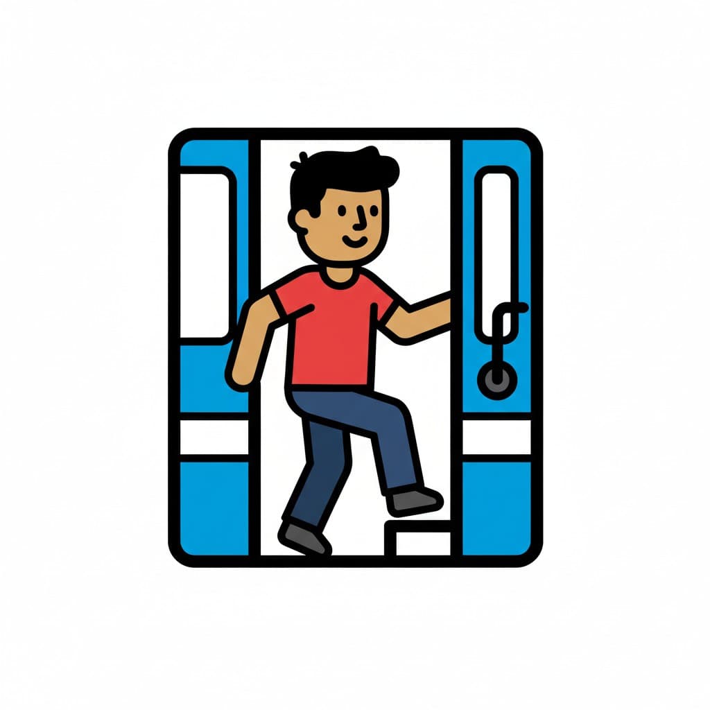 En tecknad bild av en pojke i röd tröja och blå byxor som kliver in i en blå buss.