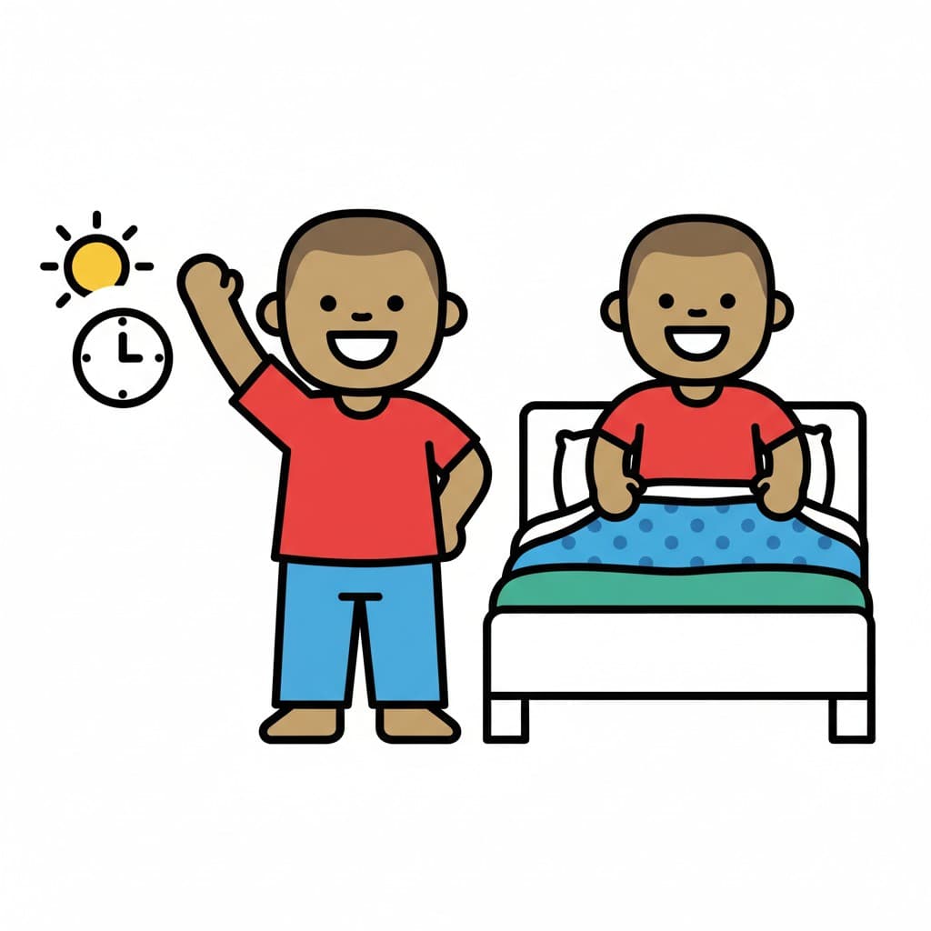Two depictions of the same person. One person is sitting in bed and another person is standing next to the bed, ready to start the day. A sun and a clock symbolize morning.