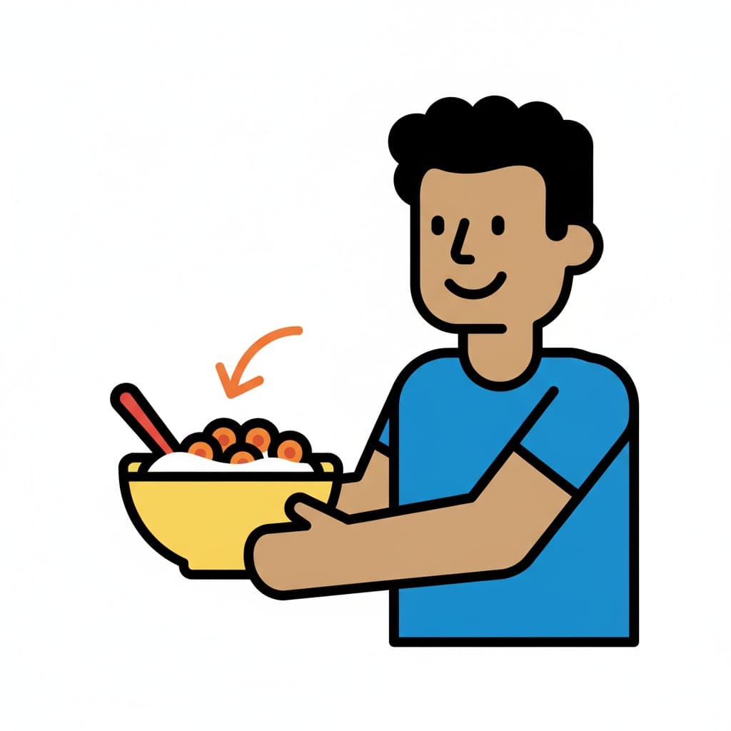 Iloinen poika ojentaa kulhon, jossa on muroja ja maitoa, valmiina tarjoiltavaksi. Nuoli osoittaa kulhoon.